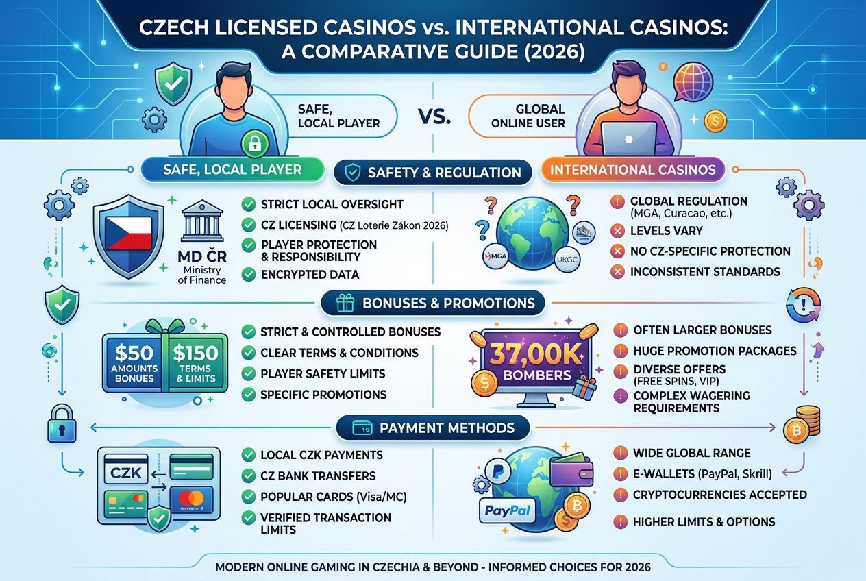 Profesionální infografika srovnávající česká licencovaná kasina s mezinárodními offshore operátory