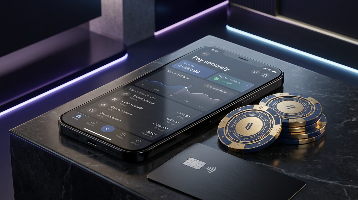 Mobilní telefon s aplikací Revolut a kasinovými žetony na elegantním pozadí.