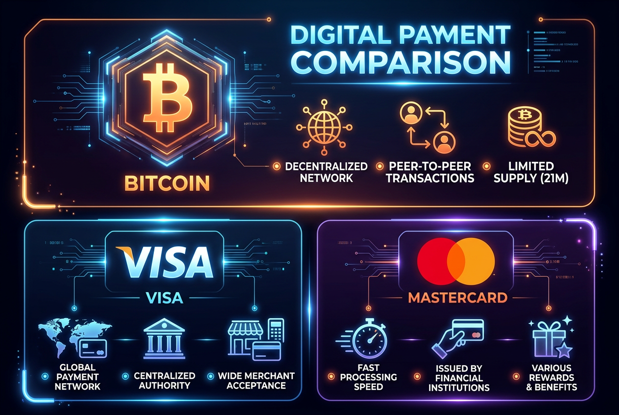 Comparison between Bitcoin logo and credit card symbols on a modern digital background